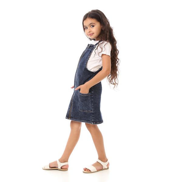 Girls Sleeveless Dress With Front Pockets - Dark Denim