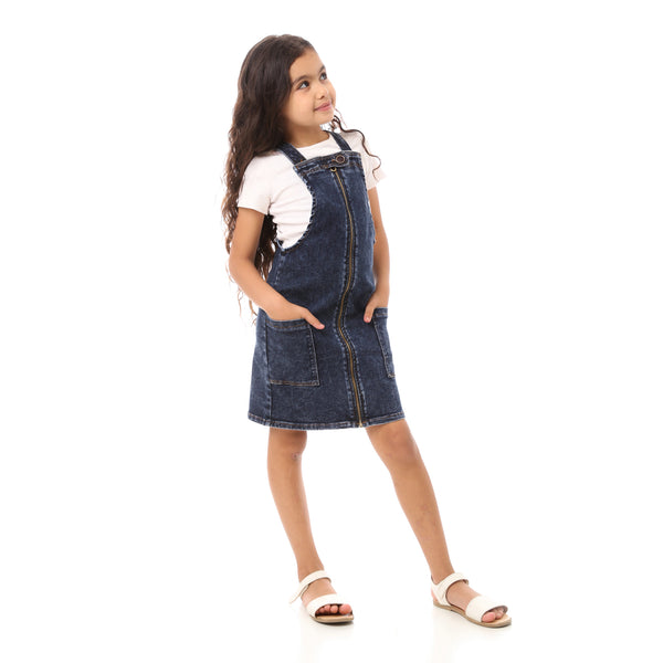 Girls Sleeveless Dress With Front Pockets - Dark Denim