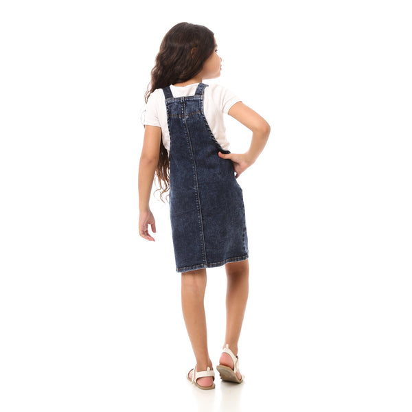 Girls Sleeveless Dress With Front Pockets - Dark Denim