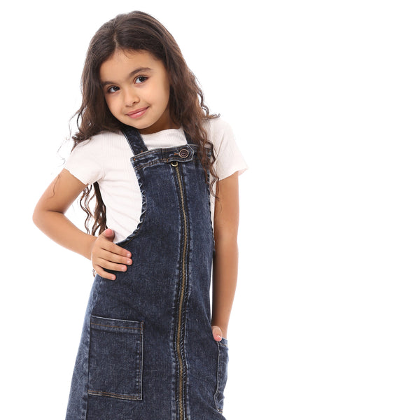 Girls Sleeveless Dress With Front Pockets - Dark Denim