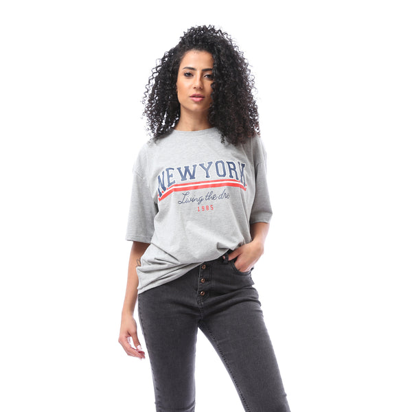 Over-sized Printed Cotton T-shirt - Heather Grey