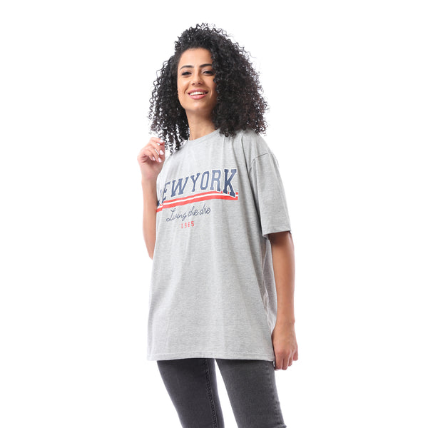 Over-sized Printed Cotton T-shirt - Heather Grey