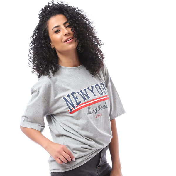 Over-sized Printed Cotton T-shirt - Heather Grey