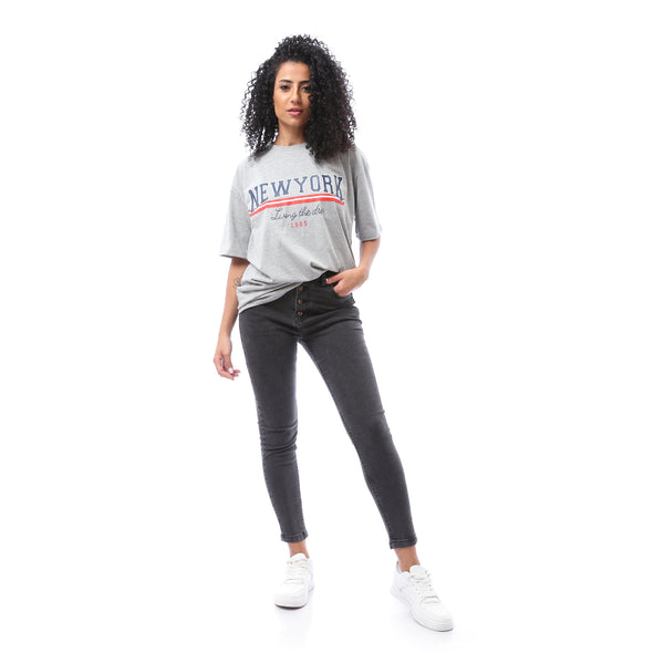 Over-sized Printed Cotton T-shirt - Heather Grey