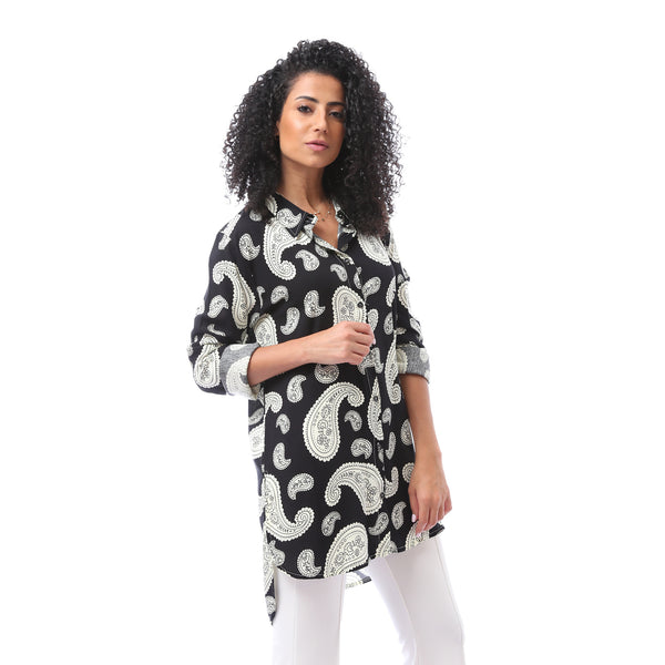 All-over Paisley Shirt with Classic Collar - Black & White