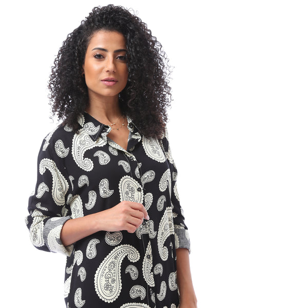 All-over Paisley Shirt with Classic Collar - Black & White