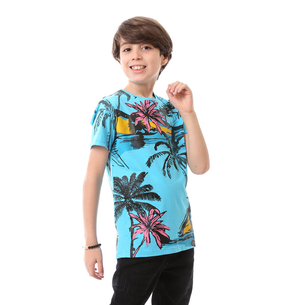 Printed Palm Tree Cotton Slip On Boys T-Shirt - Turquoise