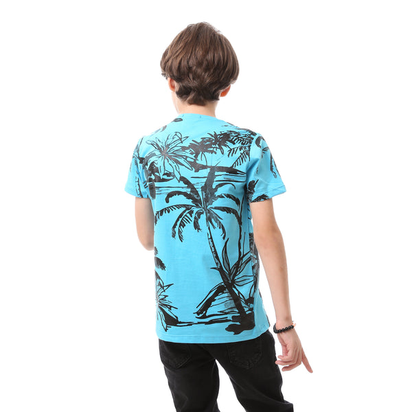 Printed Palm Tree Cotton Slip On Boys T-Shirt - Turquoise