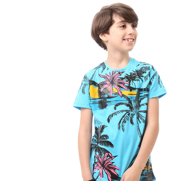 Printed Palm Tree Cotton Slip On Boys T-Shirt - Turquoise