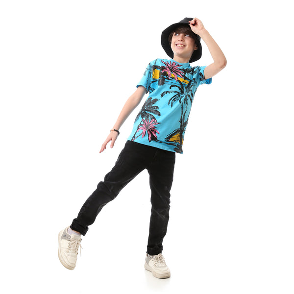 Printed Palm Tree Cotton Slip On Boys T-Shirt - Turquoise