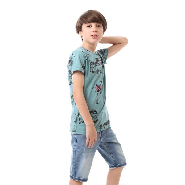 Short Sleeved Slip On Patterned Boys T-Shirt - Dark Mint
