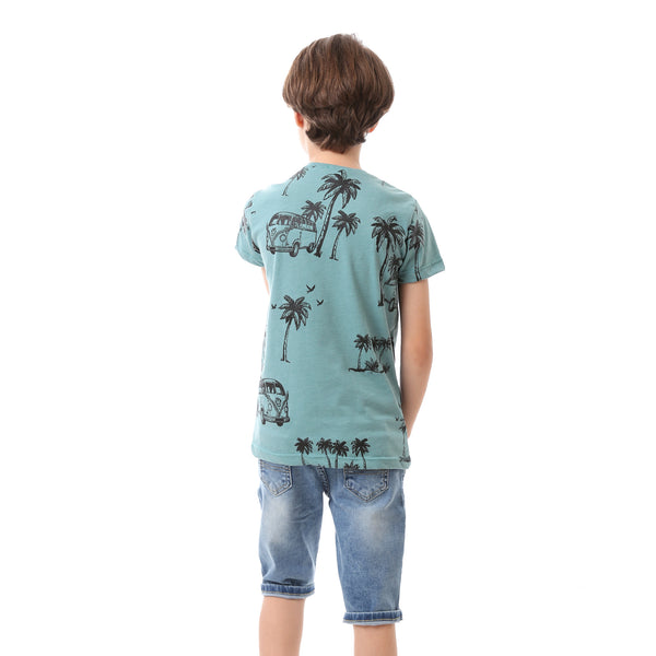 Short Sleeved Slip On Patterned Boys T-Shirt - Dark Mint