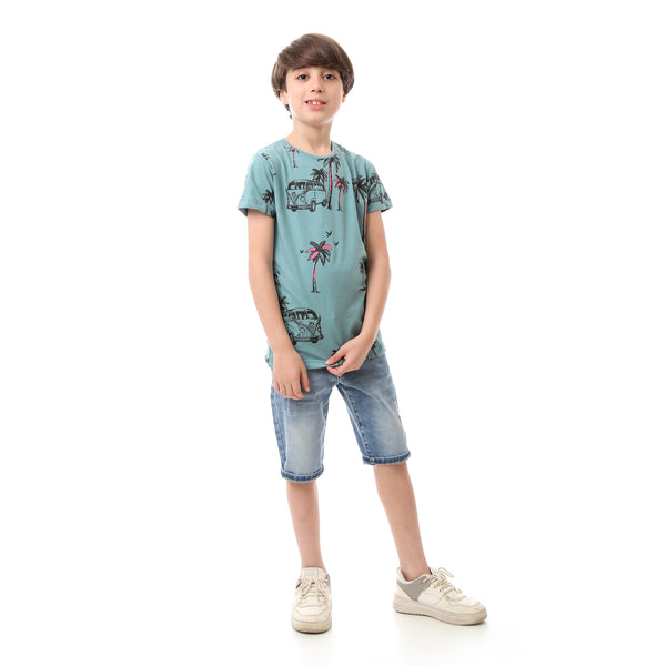 Short Sleeved Slip On Patterned Boys T-Shirt - Dark Mint