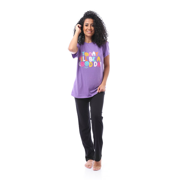 Plus-size Short Sleeves Pajama Set - Purple & Black