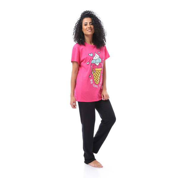 Plus-size Printed Ice-cream Pajama Set - Fuchsia & Black