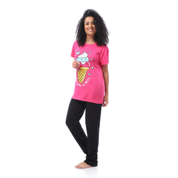 Plus-size Printed Ice-cream Pajama Set - Fuchsia & Black