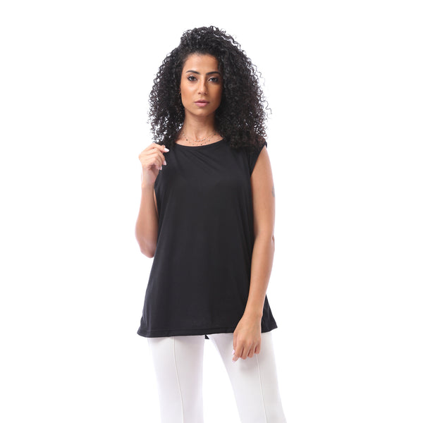 Blouse with Elastic Cuff & Sleeveless Top Set - Black