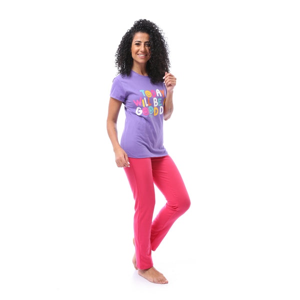 Round Neck Top & Slip-on Pajama Set - Purple & Fuchsia