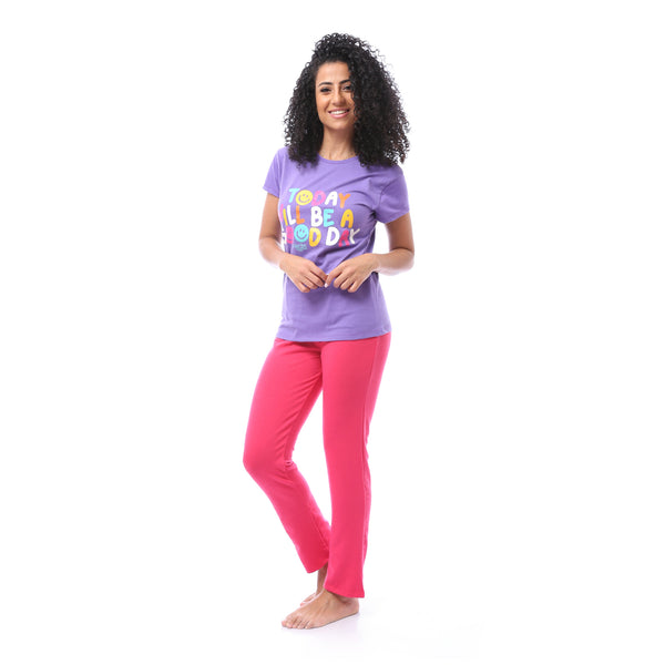 Round Neck Top & Slip-on Pajama Set - Purple & Fuchsia