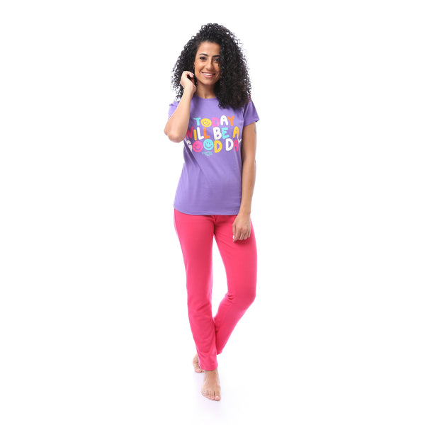 Round Neck Top & Slip-on Pajama Set - Purple & Fuchsia