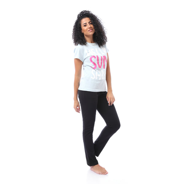 Printed Tee & Solid Pants Pajama Set - Pastel Blue & Black