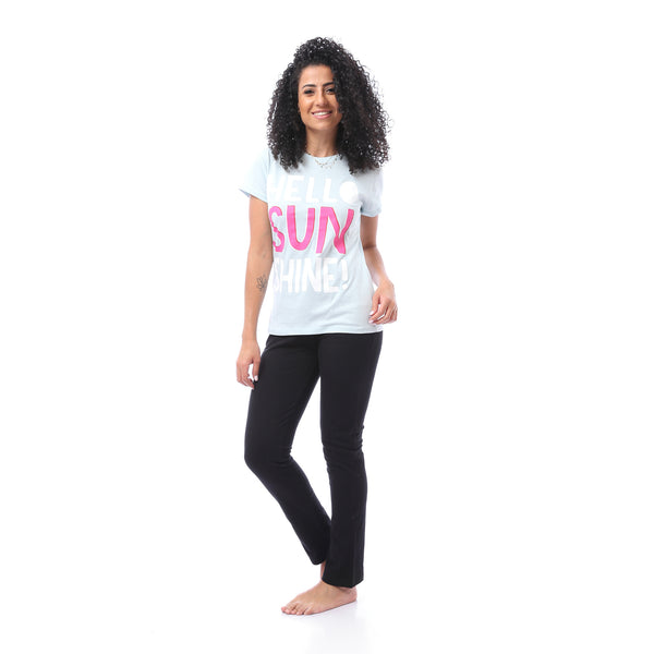 Printed Tee & Solid Pants Pajama Set - Pastel Blue & Black