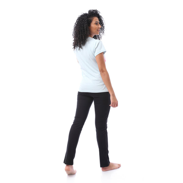 Printed Tee & Solid Pants Pajama Set - Pastel Blue & Black