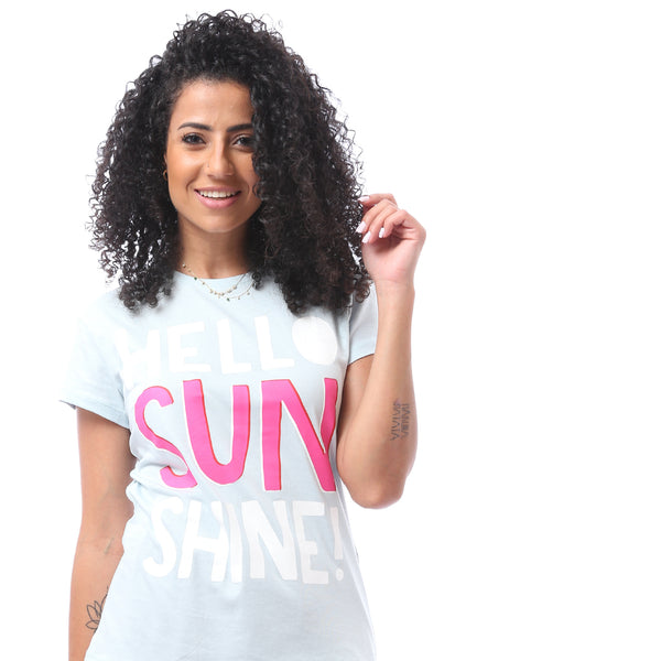 Printed Tee & Solid Pants Pajama Set - Pastel Blue & Black