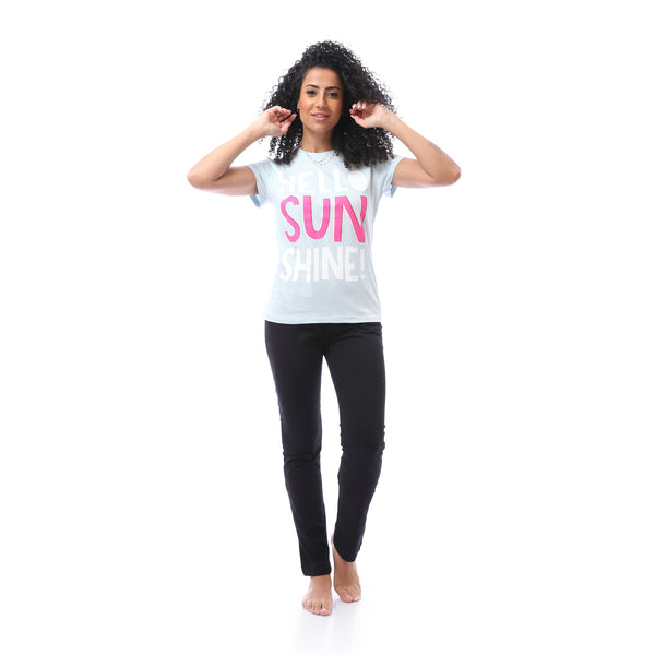 Printed Tee & Solid Pants Pajama Set - Pastel Blue & Black