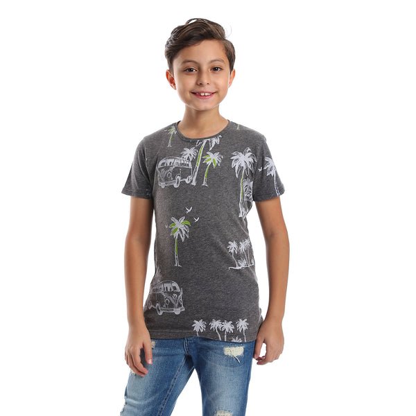 Dark Grey Palm Trees Printed Slip On Boys Tee