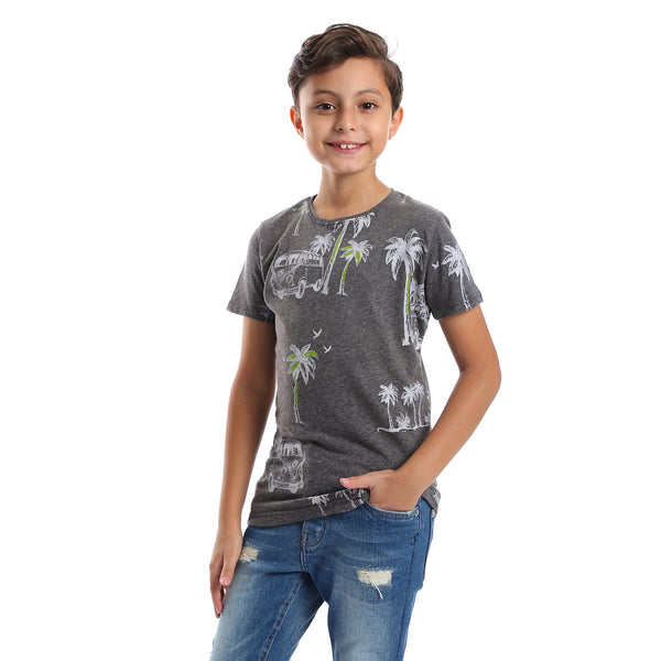 Dark Grey Palm Trees Printed Slip On Boys Tee