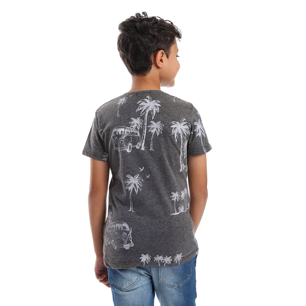 Dark Grey Palm Trees Printed Slip On Boys Tee