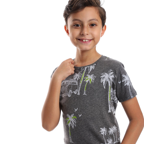 Dark Grey Palm Trees Printed Slip On Boys Tee