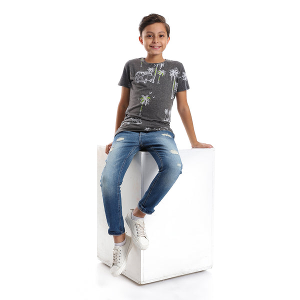 Dark Grey Palm Trees Printed Slip On Boys Tee