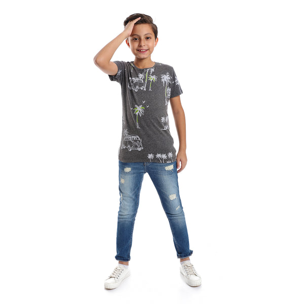 Dark Grey Palm Trees Printed Slip On Boys Tee