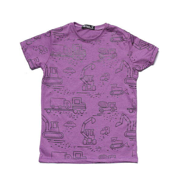 Rounded Neck Printed Cars Boys T-Shirt - Purple