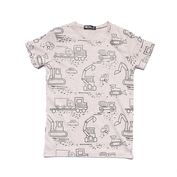 Boys Cars Regular Fit Slip On T-Shirt - Beige & Grey