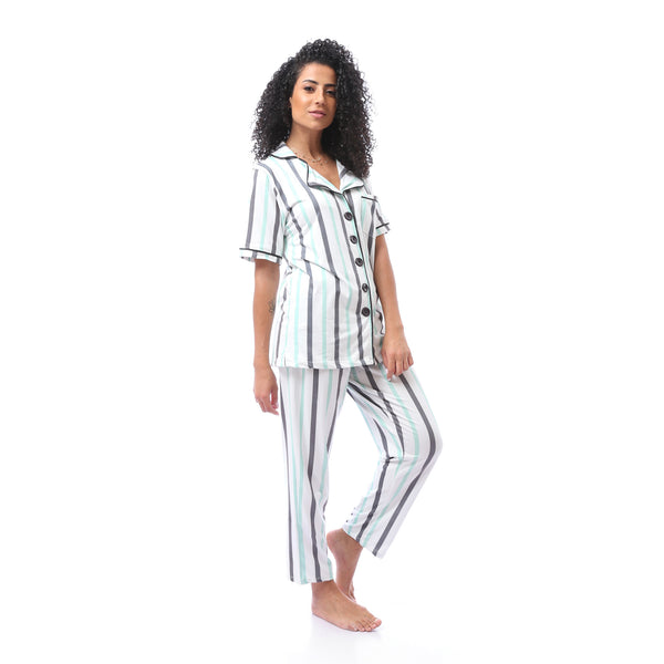 Striped Summer Pajama Set - Dark Grey & Mint