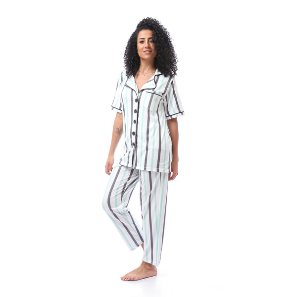 Striped Summer Pajama Set - Dark Grey & Mint