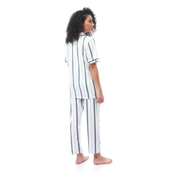 Striped Summer Pajama Set - Dark Grey & Mint