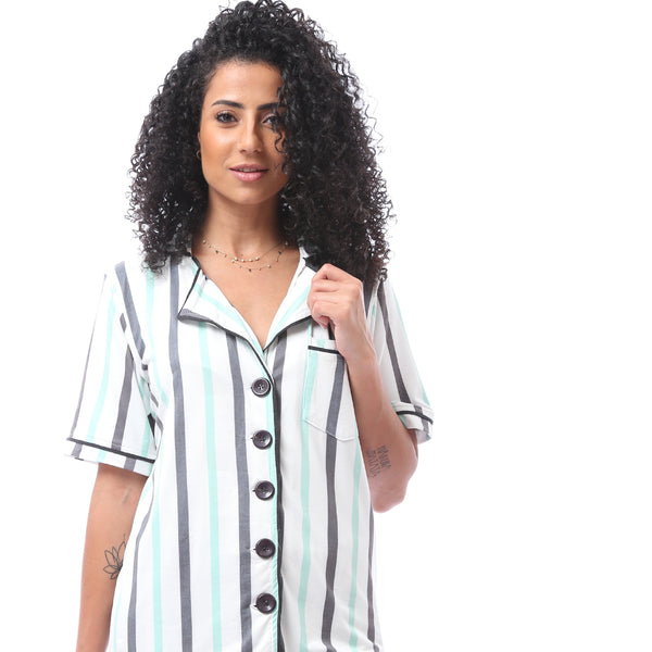 Striped Summer Pajama Set - Dark Grey & Mint