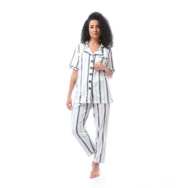 Striped Summer Pajama Set - Dark Grey & Mint