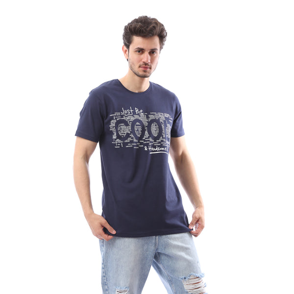 Printed Rounded Neck Slip On Summer T-Shirt - Navy