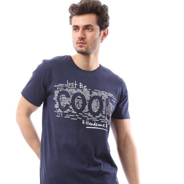 Printed Rounded Neck Slip On Summer T-Shirt - Navy