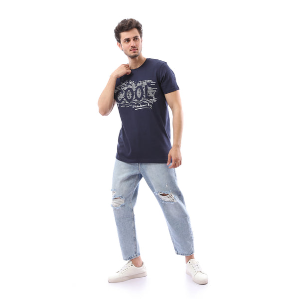 Printed Rounded Neck Slip On Summer T-Shirt - Navy
