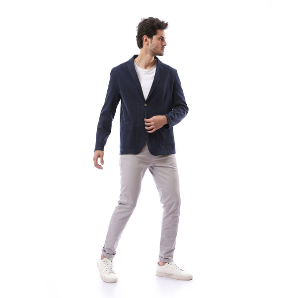 Basic Plain Notched Label Blazer -  Navy Blue