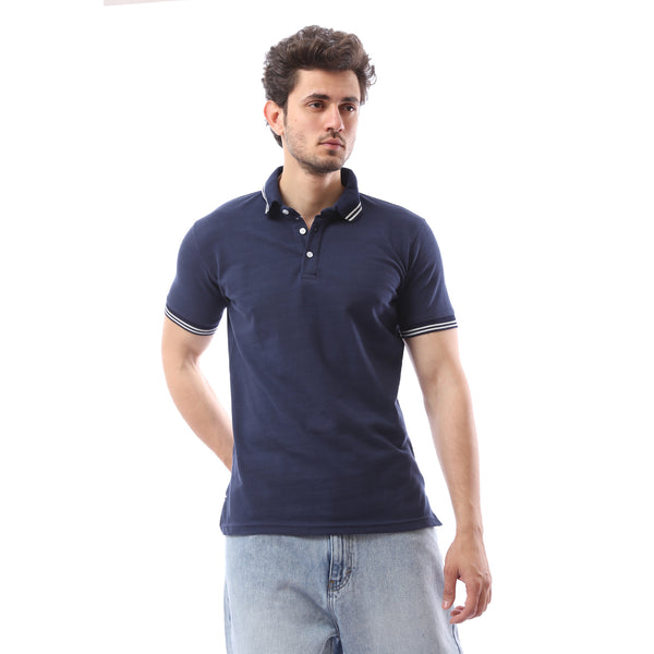 Buttoned Plain Polo Shirt - Navy Blue