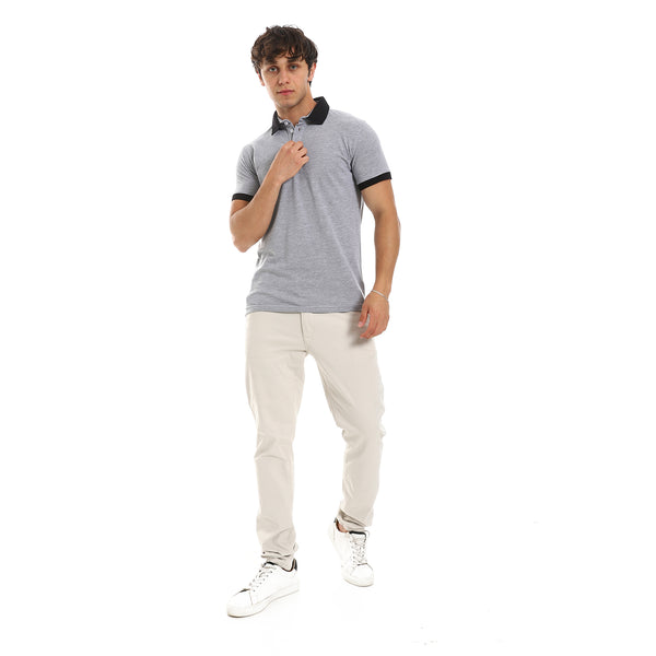 Matching Collar & Sleeves Band Polo Shirt - Grey & Black