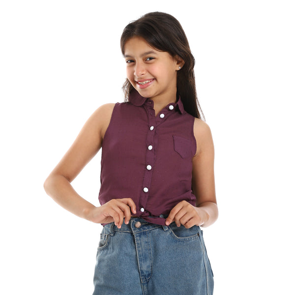 Sleeveless Eggplant Self Patterned Girls Shirt