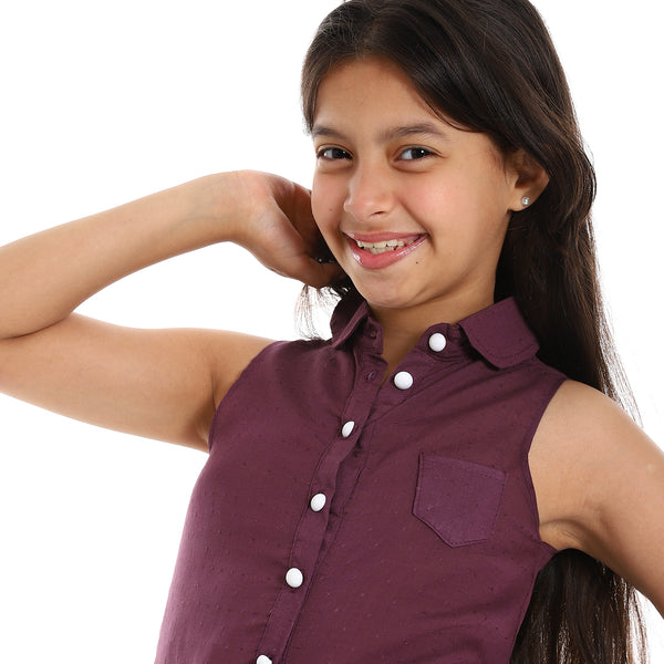 Sleeveless Eggplant Self Patterned Girls Shirt